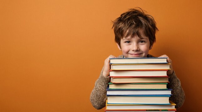 Young school boy holding a large stack of colorful books against a solid orange background in a studio shot for education and back to school