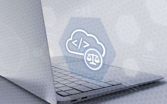 Diese Grafik stellt das digitale Recht dar, kombiniert mit Cloud-Computing-Elementen. Eine pr&auml;zise konzipierte Grafik visualisiert hierbei symbolisch rechtliche Normen und Softwareentwicklung.