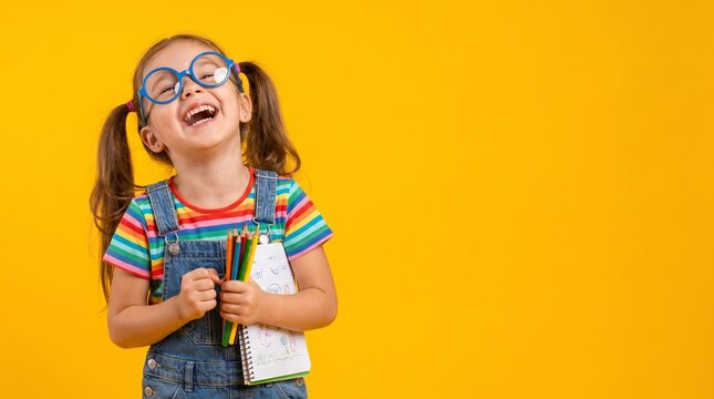 Happy little girl wearing oversized blue glasses holding colorful pencils and a drawing notebook isolated on a solid bright yellow background with plenty of copy space