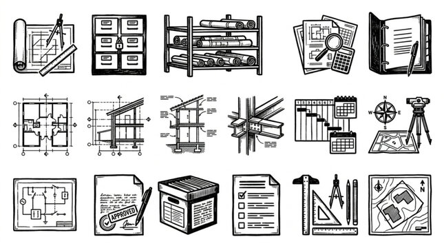 Collection of engineering and architectural blueprints.