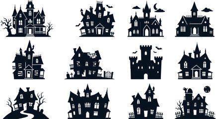 Collection of spooky haunted house silhouettes © MdHamid