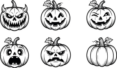 Obraz premium Black and white illustrations of six carved pumpkins with different faces