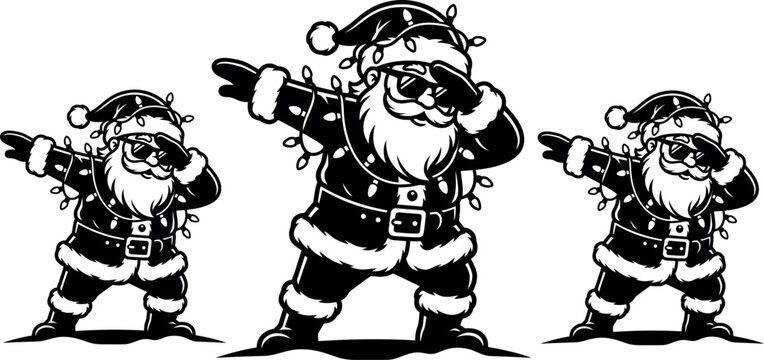 Three dancing santa clauses wearing sunglasses and christmas lights