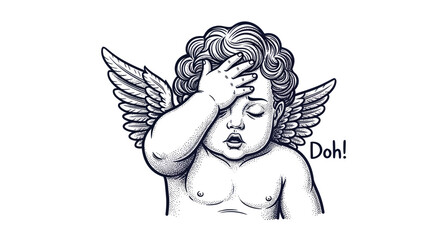 Naklejka premium Cherub performing facepalm gesture expressing frustration and regret