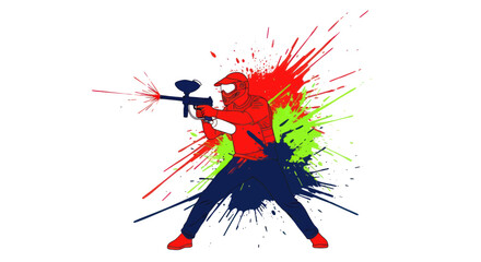 Paintball player shooting marker with vibrant paint splatters © ladawe