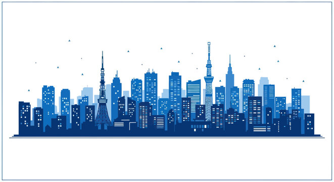Modern blue tokyo skyline with landmarks and skyscrapers