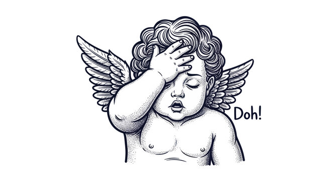 Cherub performing facepalm gesture expressing frustration and regret