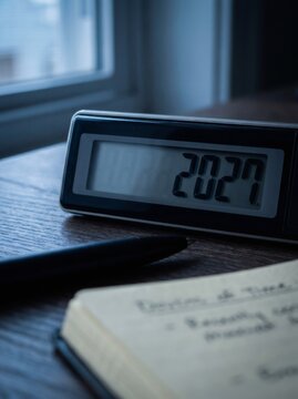Digital clock displaying year 2027 on office desk, future business planning and new year goals concept