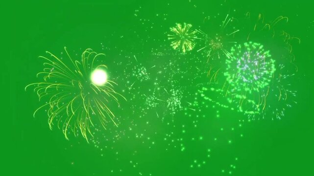 Vibrant festive fireworks explosion overlay animation loop over a green screen chroma key background
