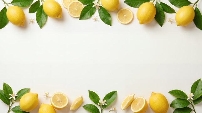 Natural citrus border with fresh lemons and white flowers on empty center white background flat lay citrus tree lemon frame background ingredients