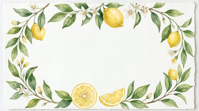 Watercolor illustration of fresh lemon fruits and leaves frame border with citrus border watercolor illustration botanical invitation template background