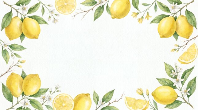 Decorative watercolor frame made of fresh yellow lemons and green leaves with citrus border watercolor illustration lemon frame botanical invitation