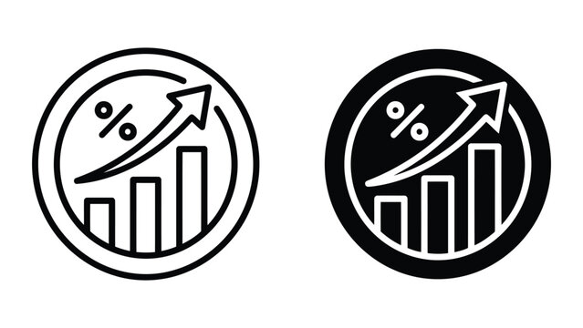 Financial percentage growth icon set with circular bar chart and upward trend arrow for economic performance and business statistics presentation and investment portfolio monitoring software interface
