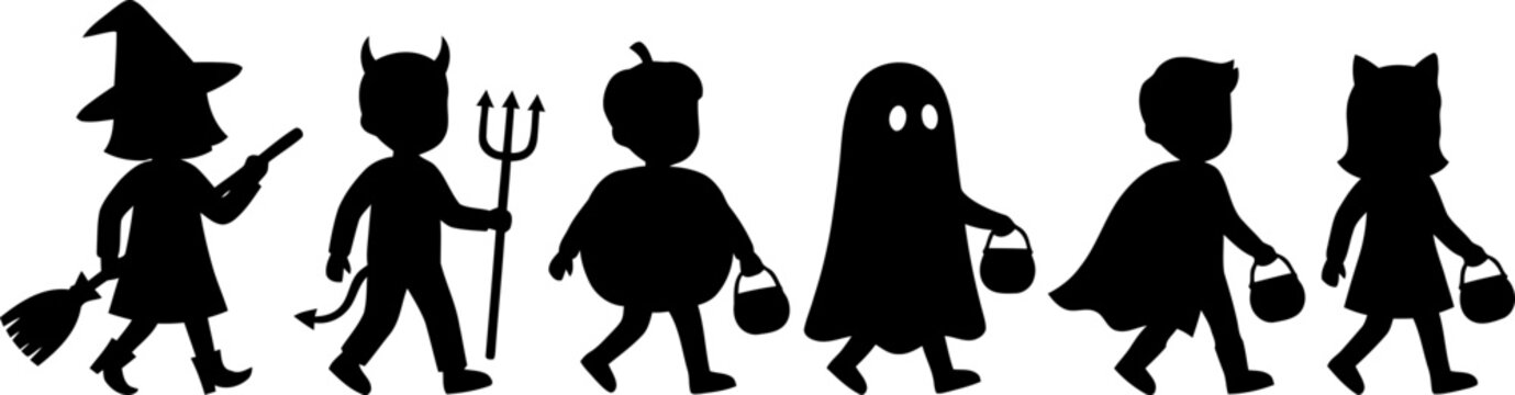 Group of children in halloween costumes trick or treat