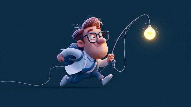 A playful worker chases a glowing motivation icon dangling from a fishing rod in an endless loop animation, creating a humorous productivity and goal-chasing concept.