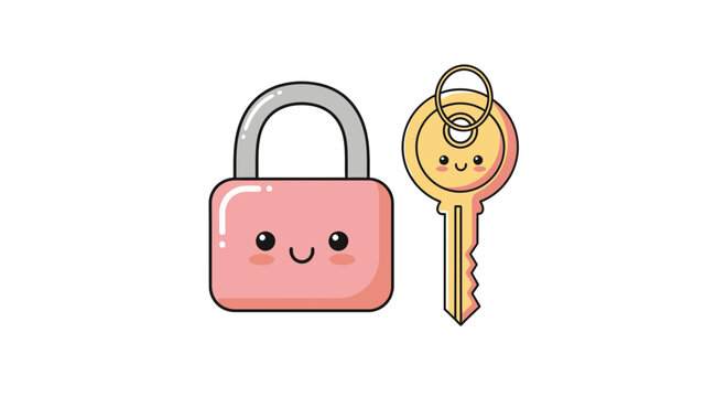Cartoon padlock and key with smiling faces security concept isolated