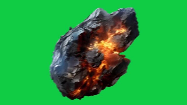 Glowing magma asteroid rotating on green screen background, burning space rock debris elements animation

