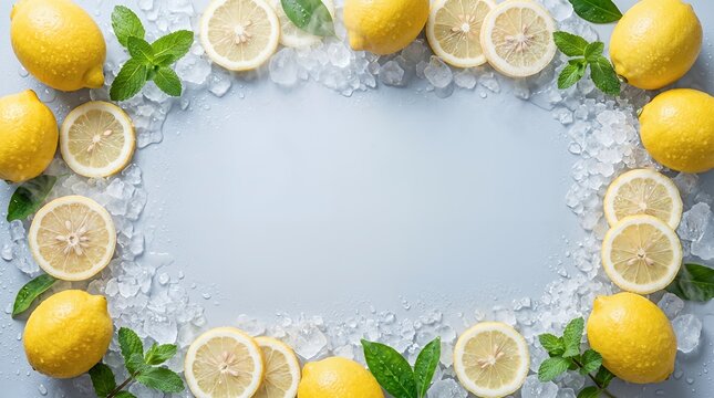 Fresh lemon frame citrus border citrus frame composition with ice cubes on blue background citrus fruit background refreshing culinary ingredient cocktail