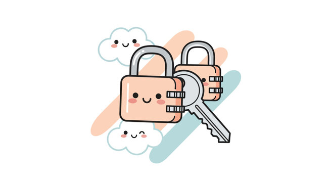 Cartoon padlocks and key with clouds secure concept illustration