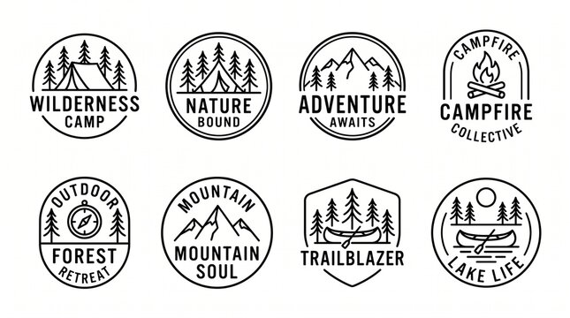 set of camping logo line art simple minimalist vector illustration template icon graphic design. bundle collection of various camp at nature with badge and typography style