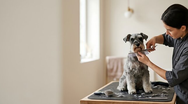 Professional pet groomer trimming beard of a schnauzer dog