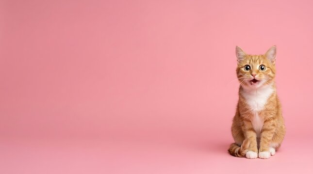 Cute orange cat looking surprised on pink background with copy space
