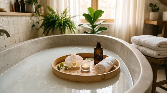 Soft Editorial Photo of a Relaxing Bathtub with Spa Items in Bright Bathroom
