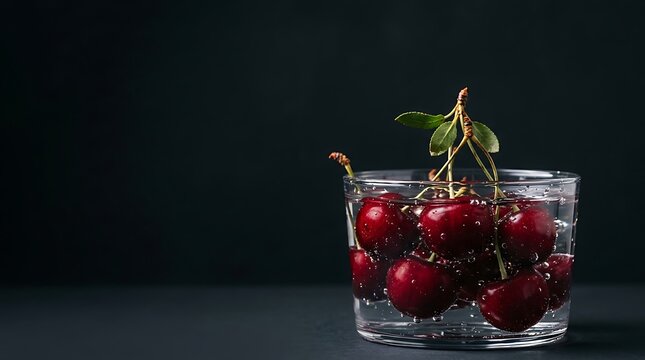 Fresh red cherries submerged in clear water with bubbles