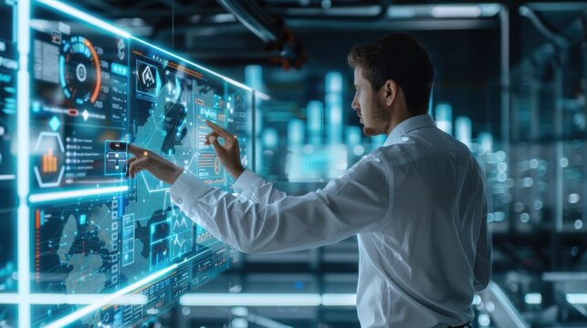 Technician interacts with a luminous holographic map displaying global data points within a dimly lit industrial laboratory, emphasizing the seamless integration of human intuition and digital.