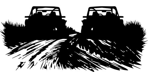 Two Off Road UTV Vehicles Silhouette on Grassy Trail Vector Illustration © Rezowan 