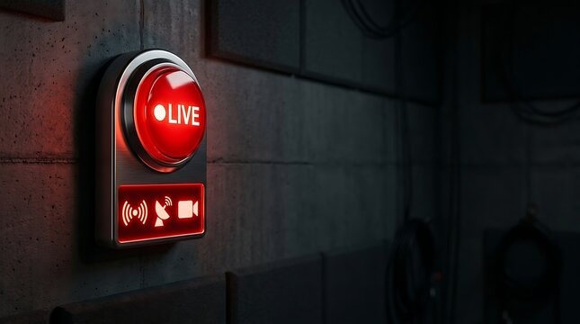 Illuminated live button and broadcast icons in a dark studio