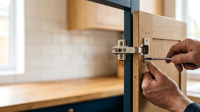 Handyman installing a metal hinge on a wooden kitchen cabinet door