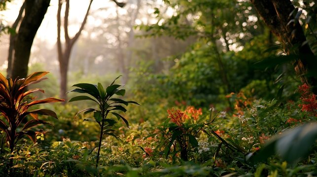 An untouched pristine ecosystem of colorful flora is bathed in a warm golden glow
