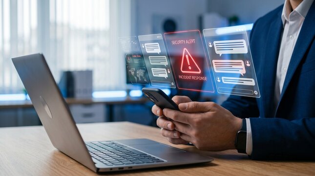 Businessman receiving cybersecurity alert on phone with laptop nearby