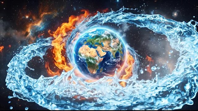 Elemental opposition fire and water surrounding earth planet in space cosmic clash visual art