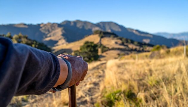 Persona usando bast&oacute;n de senderismo en un paisaje de monta&ntilde;a con colinas doradas y cielo despejado en ruta al aire libre