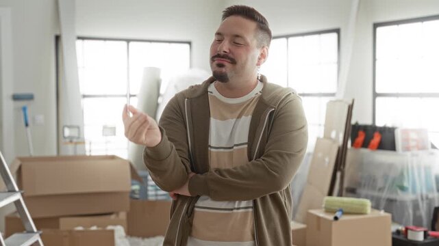 Man holding creditcard to chin, smiling with eyes closed amid stacked moving boxes in a building; satisfaction home.