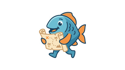 Fototapeta premium Cute Cartoon Fish Explorer Holding a Treasure Map