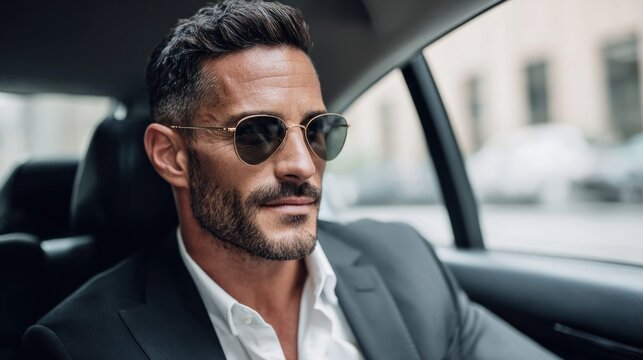 Stylish man in sunglasses riding in a car, looking out the window