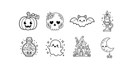 Fototapeta premium Cute Halloween Doodle Icons Set, Ghost, Skull, Bat, Haunted House, Hand Drawn Outline Clipart Collection, Spooky Vector Elements