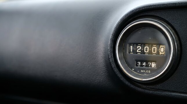 Vintage car odometer showing twelve thousand miles on dashboard