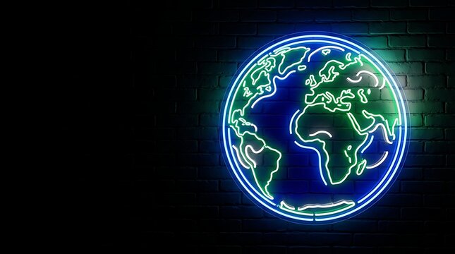 Glowing blue and green neon globe on a dark brick wall