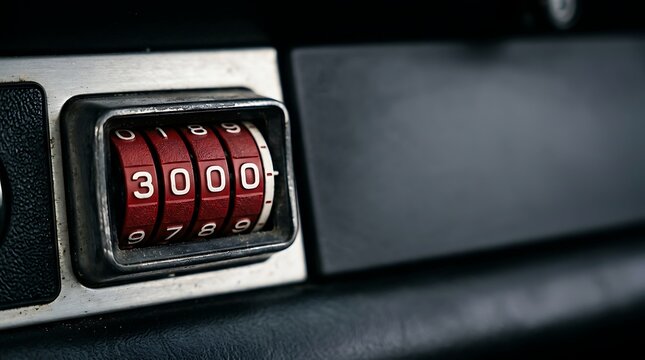 Vintage mechanical odometer displaying three thousand mileage