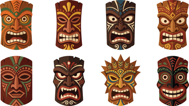 Traditional tiki mask vector icon set featuring realistic wooden tribal faces angry expressions carved details polynesian totems and Hawaiian luau decorative elements.