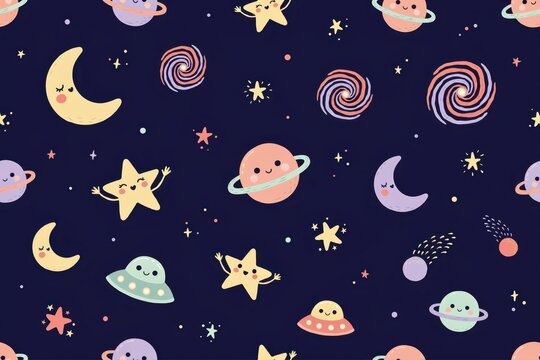 Seamless pattern featuring cute cartoon space like smiling planets, crescent moons, happy stars, galaxies, and uf os on dark blue