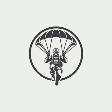 Military Paratrooper Landing with Parachute Vector Logo Illustration