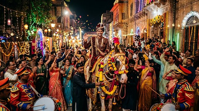 Vibrant Indian Wedding Procession at Night with Groom on Horseback.