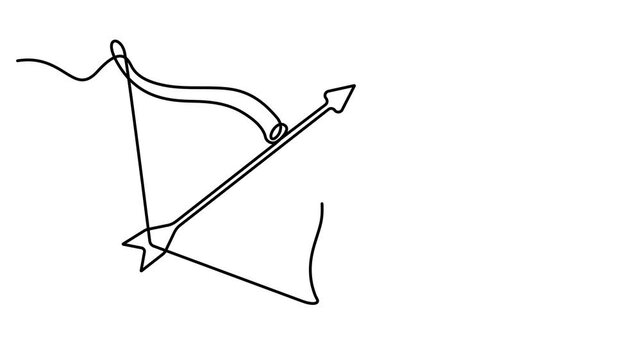 Animated self drawing of Continuous single line drawing of a bow and arrow for archery sport. Full length one line animation. 4K video
