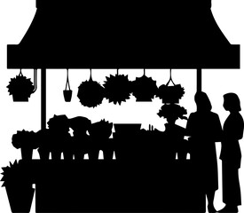 Obraz premium Black Silhouette Vector Illustration of a Flower Shop Stall with People at an Outdoor Market