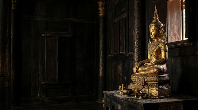 Serene golden buddha statue in a dark wooden temple interior